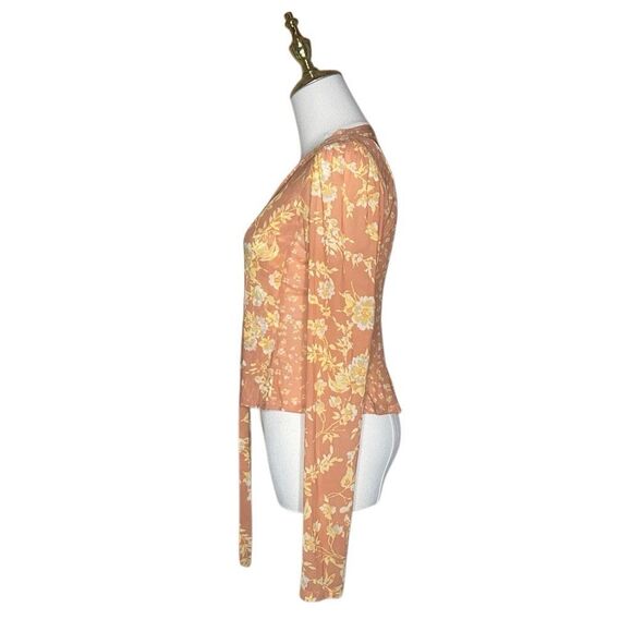 Free People Orange Long Sleeve Sheer Button Up Top Size XS Floral V-neck - Picture 8 of 12